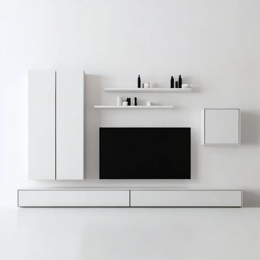 Biała zabudowa ścienna do salonu 300 × 180 × 35 cm
