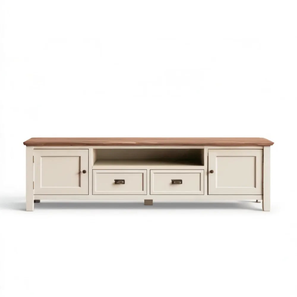 Szafka RTV kremowo-brązowa z MDF i litego drewna sosnowego, 180 x 45 x 60 cm