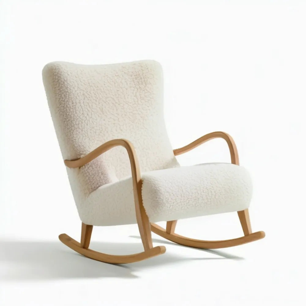 Kremowy fotel bujany bouclé z naturalnego drewna 68 x 95 x 102 cm