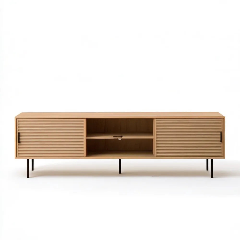 Szafka RTV z MDF z fornirem dębowym, naturalny dąb/czarny, 180 × 40 × 60 cm