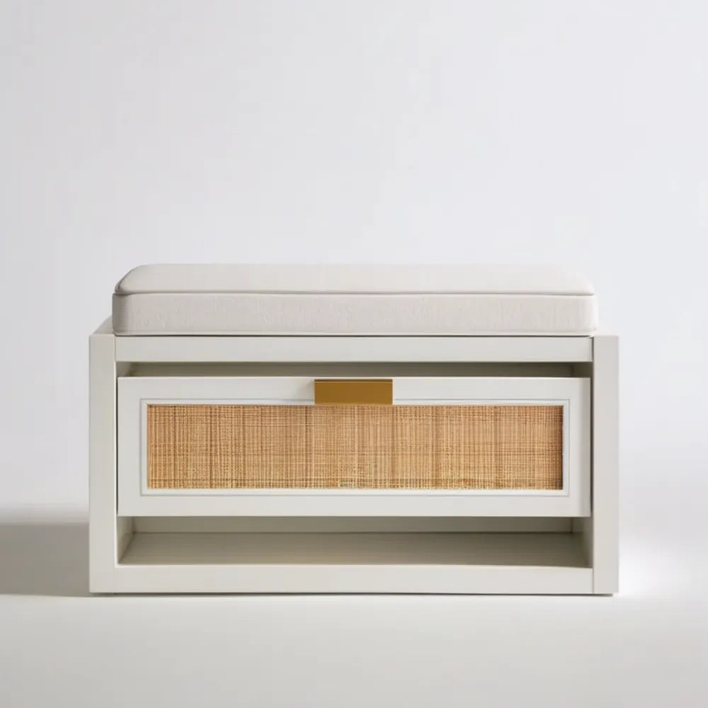 Biała ławka z siedziskiem i rattanowym frontem MDF 80 x 35 x 50 cm