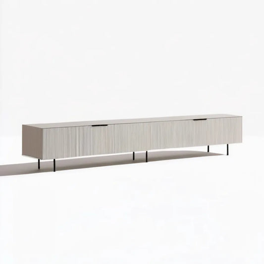 Szafka RTV jasnoszara z czarnymi stalowymi nogami i ryflowanymi frontami MDF, 180 x 40 x 50 cm