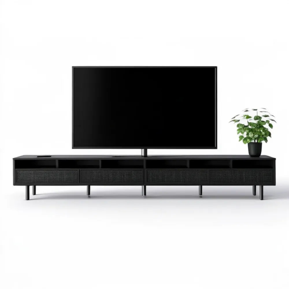 Czarna szafka RTV z MDF 240 x 40 x 55 cm z frontami z plecionki PE