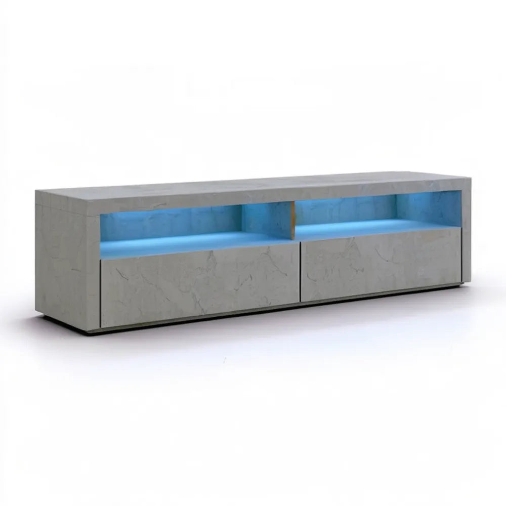 Szafka RTV z MDF w dekorze szarego marmuru z niebieskim oświetleniem LED, 160 x 40 x 45 cm