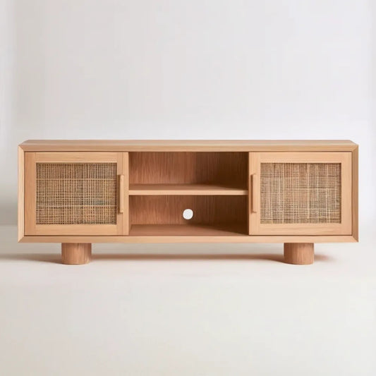 Szafka RTV 140 x 40 x 50 cm z MDF w okleinie jasnego dębu i frontami z naturalnego rattanu